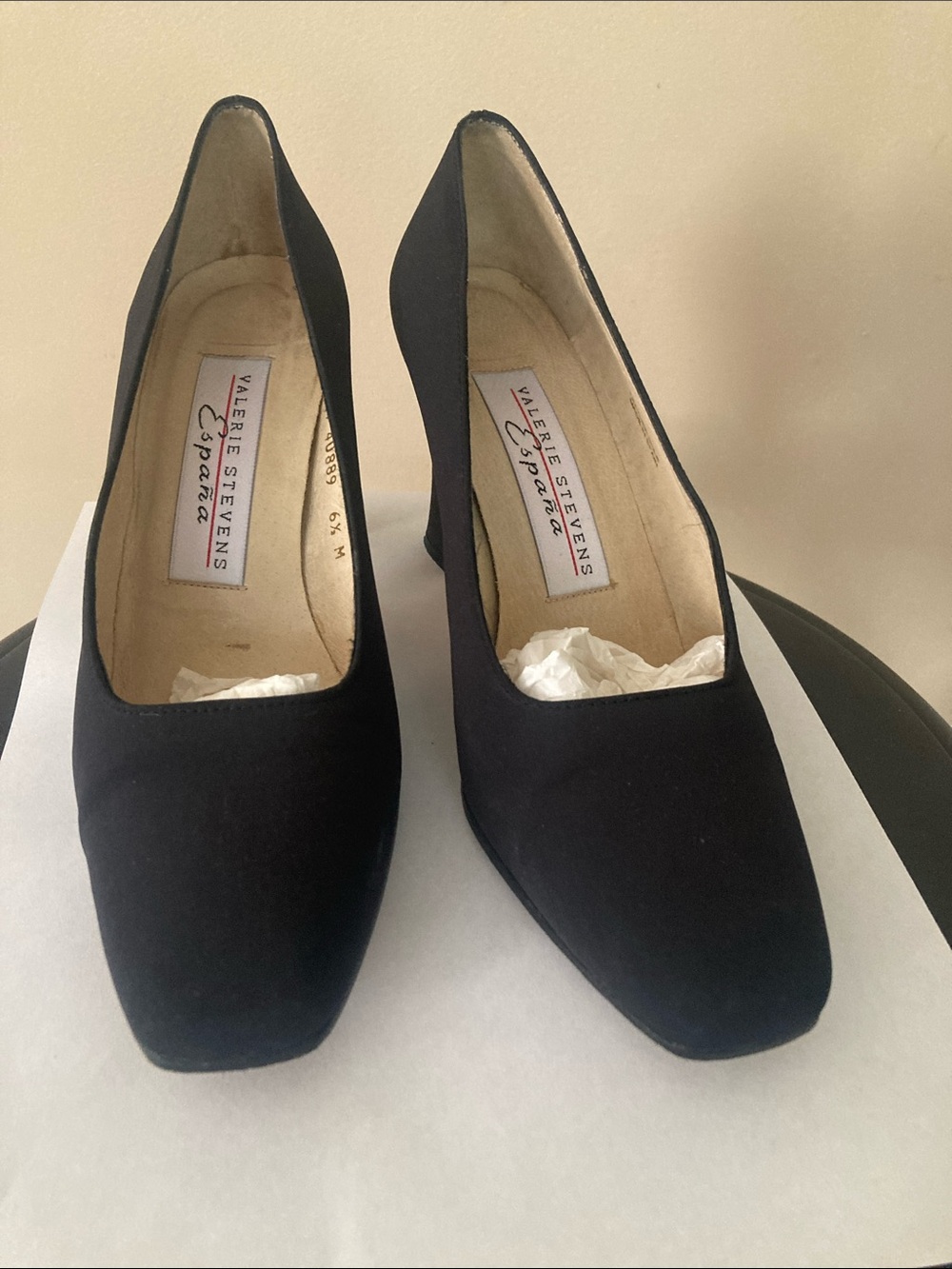 Valerie Stevens Black Suede Square-Toe Pumps